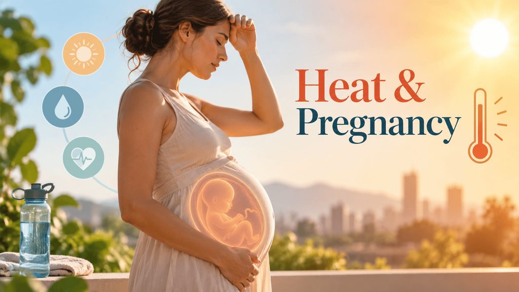 Illustration showing the effects of heat exposure and dehydration on a pregnant woman and fetus